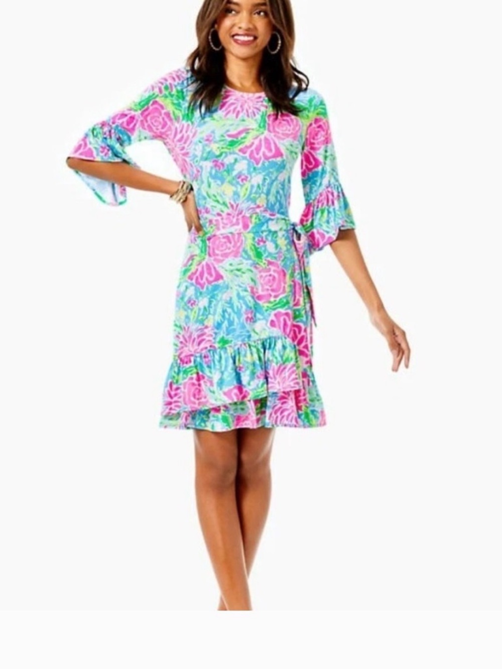 Lilly Pulitzer Floral Wrap Midi Dress in Pink, Green & Blue